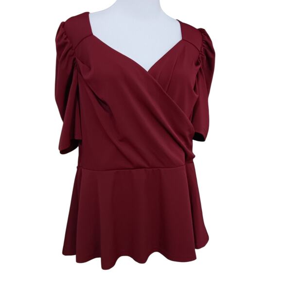 NEW GRACE‎ KARIN Blouse Top 2X-SNUG FIT-See pic Faux Wrap Burgundy Peplum Career - Picture 1 of 8